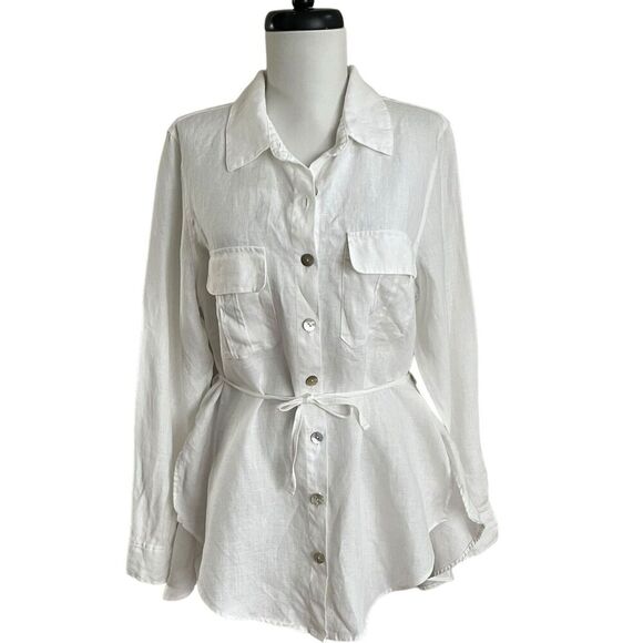 Soft Surroundings Linen Tunic Shirt Jacket M White Coastal Beach Minimalist - Picture 1 of 9